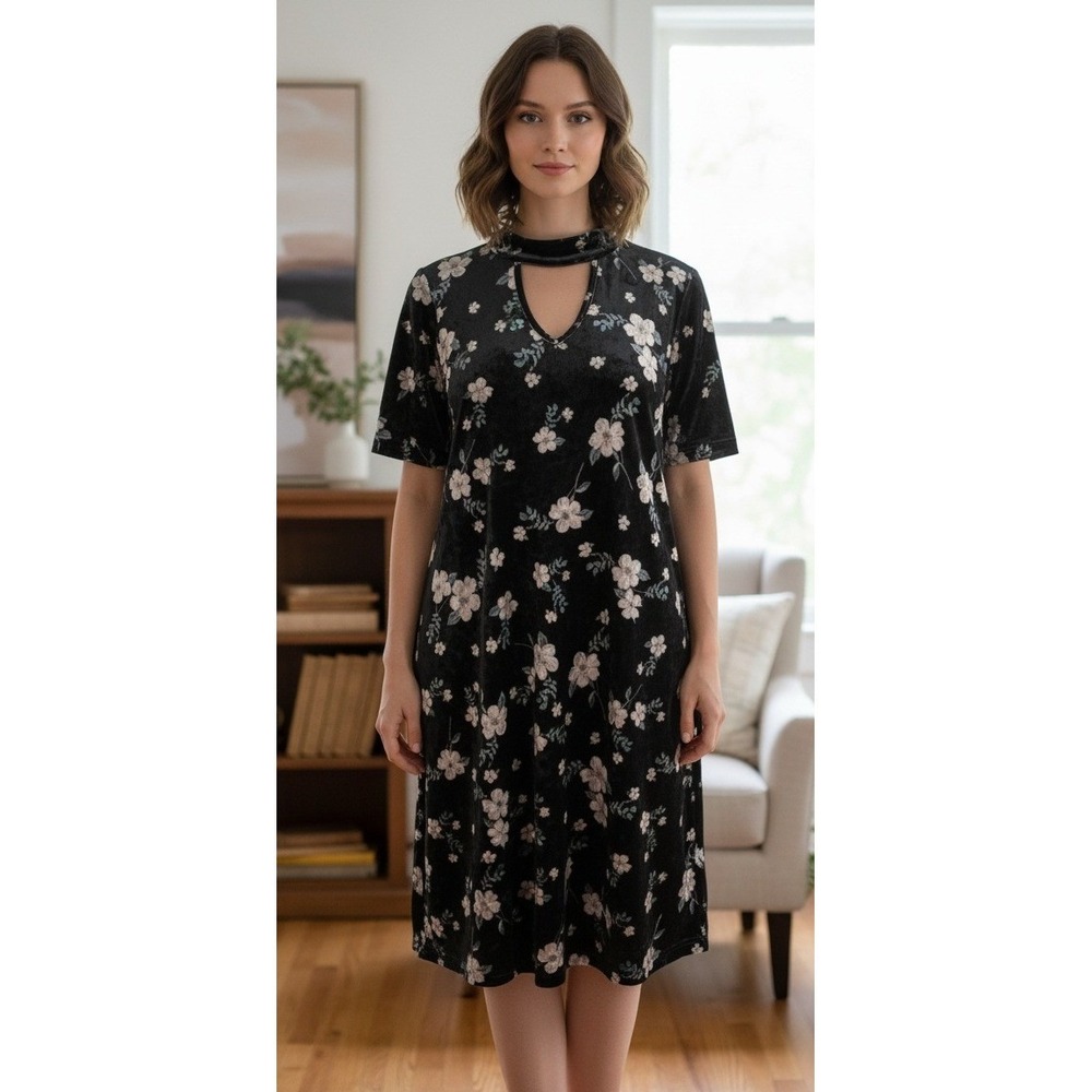 Trixxi Dress Women's Size‎ L Black Floral Velvet Cutout Shirt Casual Stretch NWT